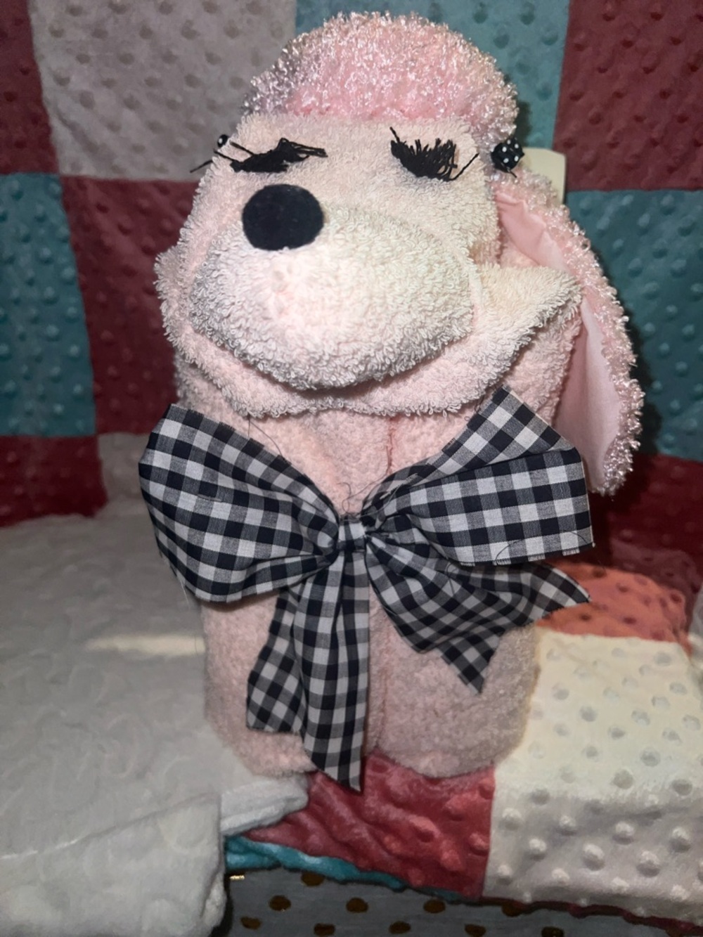 KidsPlush Pink Poodle Towel Wrap with Black Gingham Bow